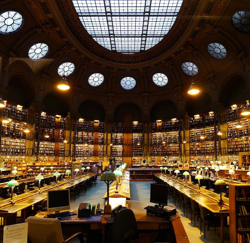 Oblong library room filled with hushed tone tables and lamps surrounded by walls of books
