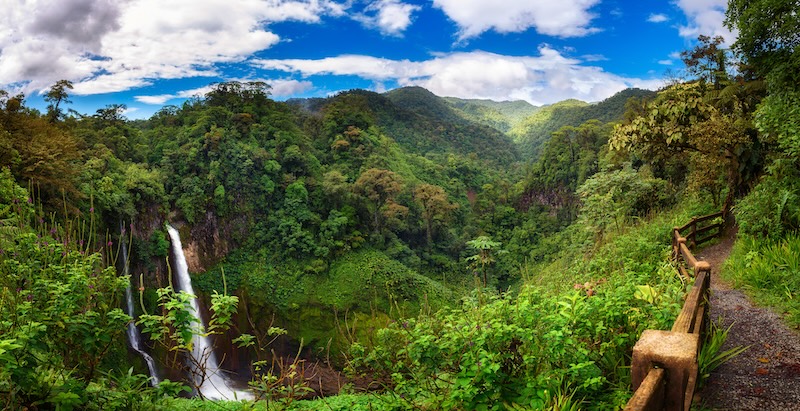 Stunning and lush tropical forest with a waterfall cascading on the left, and a walking path stretches on the right