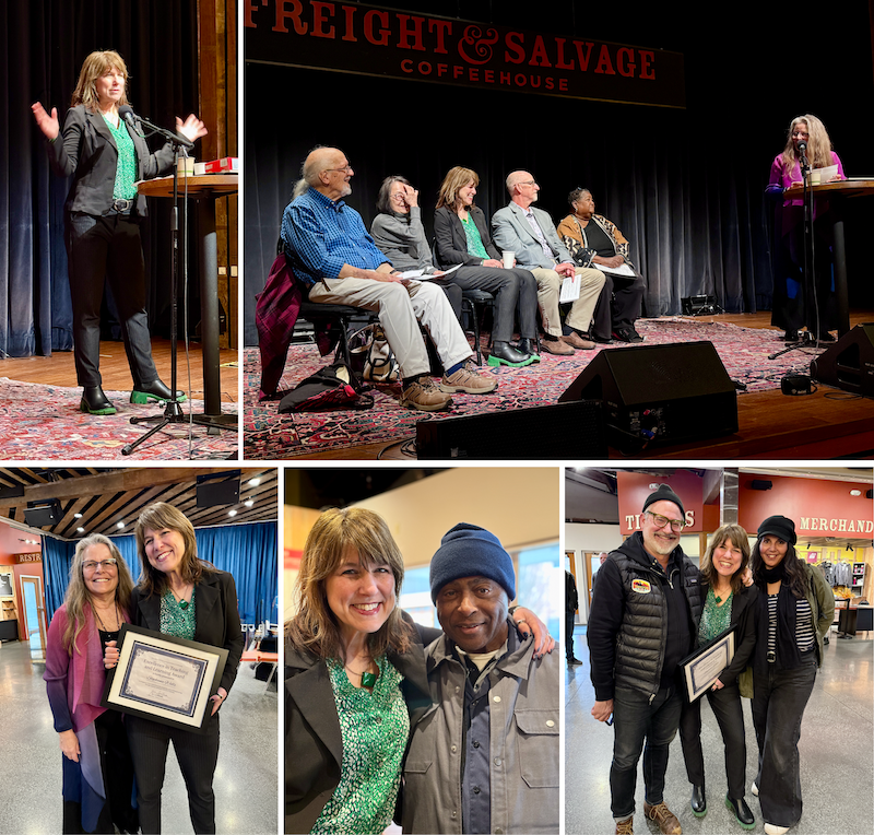 Collage from awards ceremony, with Stephanie speaking at the podium, in warm embraces of friends, and holding the framed certificate alongside Susan Hoffman