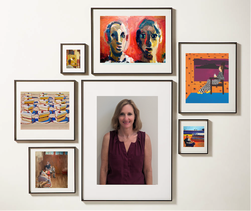 Drucie Belman in a picture frame surrounded by iconic Bay Area art work