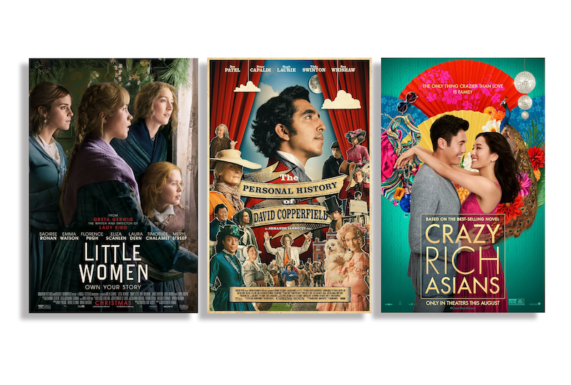Movie posters of The Personal History of David Copperfield, Little Women, and Crazy Rich Asians