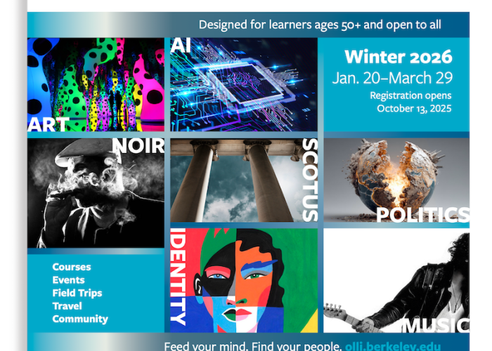Cover of our winter brochure with a grid of images depicting OLLI courses